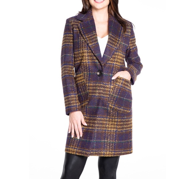 NWT  Kensie Women's Long Plaid Houndstooth Coat with Patch Pockets Woolblend - Picture 2 of 13